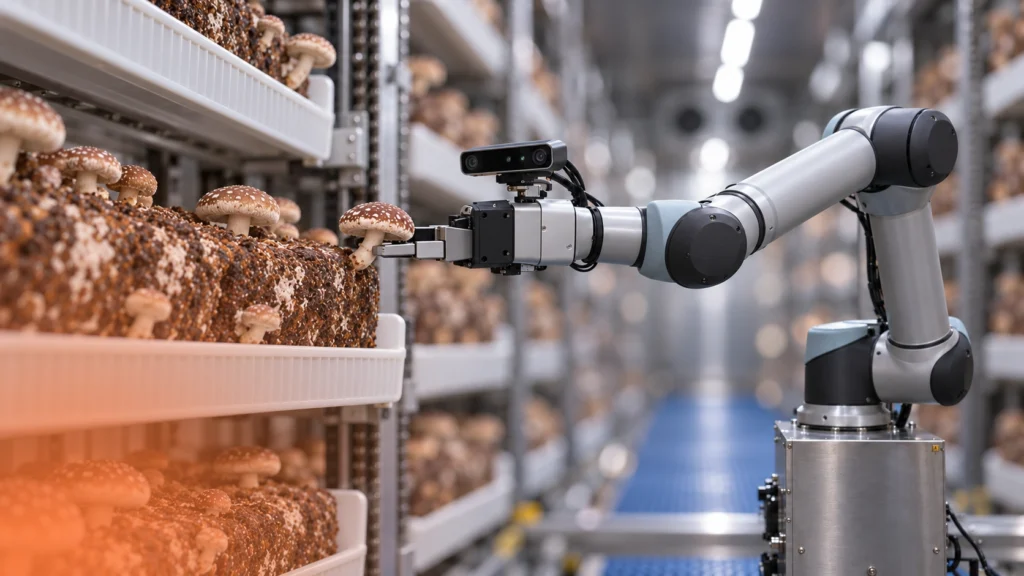 Robot con cámara de visión artificial recogiendo shiitake en un entorno de cultivo controlado